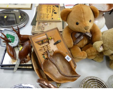 Two soft toys, quantity of treen, framed prints, vintage clock etc