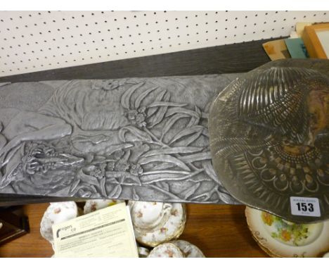 Celtic Tradecraft plaque depicting an Art Nouveau style maiden, initialled 'P B L' and a pewter plaque of an Egyptian goddess