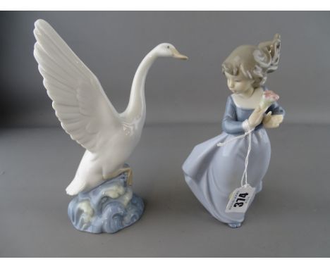 Two Nao figurines of a young girl with flowers and a goose taking flight