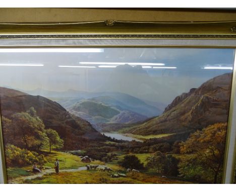 S R PERCY gilt framed print - expansive mountain valley scene with shepherds and their flock to the foreground, after the ori