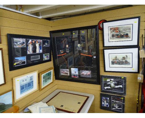 Motor racing memorabilia including a framed Vodafone shirt, signed Jensen Button, framed and mounted photographs and two limi