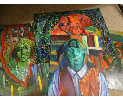 JOHN CHERRINGTON four oils on board - two portrait studies and two Impressionist type including a group faces of a baby, thre