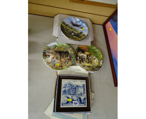 Quantity of collector's wall plates with certificates and a framed Dutch pottery blue and white tile along with a quantity of
