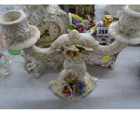 Porcelain mantel clock, Rococo style mantel clock and a Capodimonte candelabra