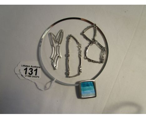 3 silver bracelets and enamel necklace