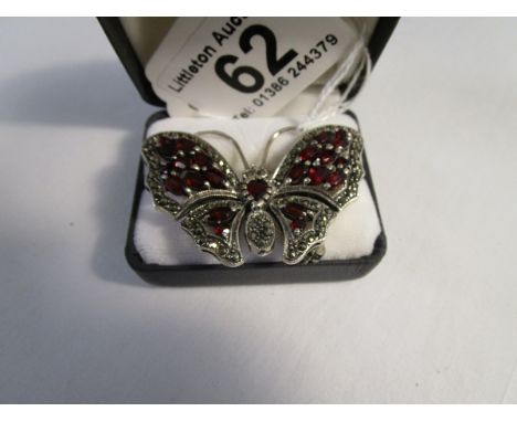 Ruby and garnet marcasite butterfly silver brooch