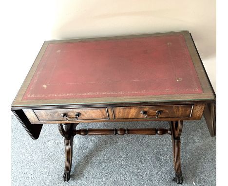 Dropleaf sofa table with red leather top and 2 drawers, 32.5" w (53" open) x 20" w x 28.5"h