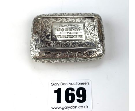 Silver snuff box inscribed 'From the Bodega to Captain Livingston', 2" long, w: 0.8 ozt