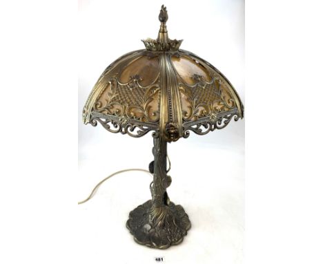 Metal and brown glass Art Nouveau style table lamp 29" high, 1 piece of glass has been repaired