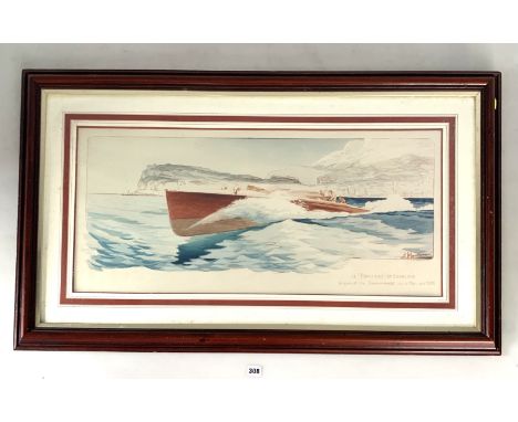 Print of racing boat by E. Montaut, 'Le Panhard et Levassor Gagnant du Championnat de la Mer en 1908', image 32" x 14", frame