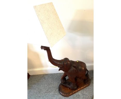 Carved wooden elephant base table lamp, 32"h