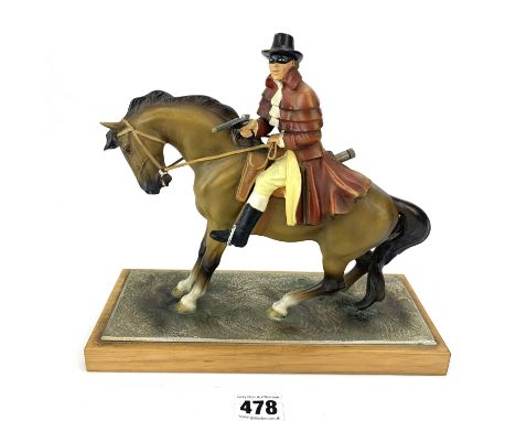Painted spelter highwayman cigar lighter on wooden plinth, 10" w x 9"h