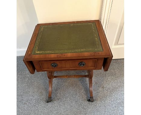 Small dropleaf sofa table with green leather insert, 19"w (29"w open) x 20"h