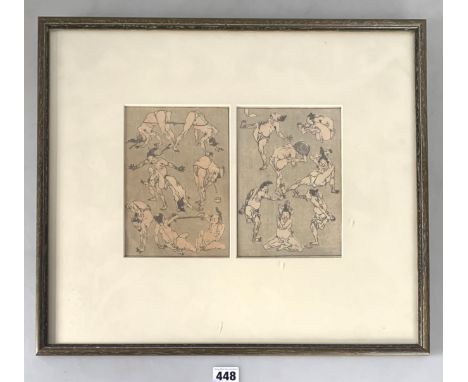 Japanese woodblock print of athletes by Hokusai, series Manga, c. 1880's, images 5" x 7" each, frame 18" x 16"
