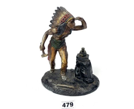 Painted spelter Native American cigar lighter 7" w x 8"h