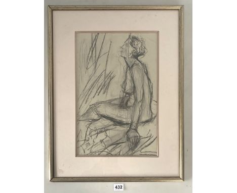 Signed life drawing of woman (possible print), image 10" x 16", frame 17" x 22"