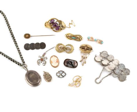 A collection of Victorian and later jewellery, comprising a half pearl set panel brooch, with beaded drop, a turquoise set pa