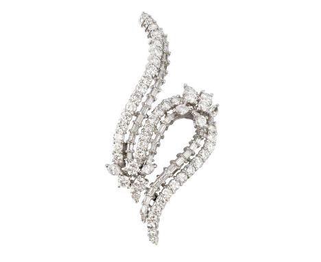 A diamond spray brooch, modelled as a scrolled ribbon of graduated round brilliant, baguette and marquise-cut diamonds in tie