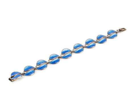 A Norwegian blue enamel bracelet by David Andersen, designed as a line of repeating leaf panels heightened with blue enamel, 