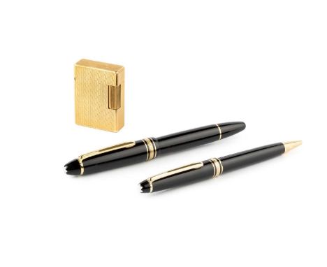 A Mont Blanc Meisterstück no. 146 fountain pen, with matching ballpoint pen, in black leather case, and a gold plated Dupont 