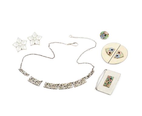 A collection of jewellery, to include an enamel and marcasite necklace by Bernard Instone, with stylised white enamel floral 