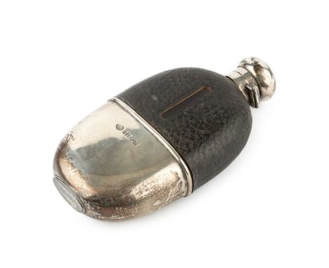 A late Victorian silver mounted hip flask, of oval form, having leather covered upper section and hinged cover, by Thomas Hay