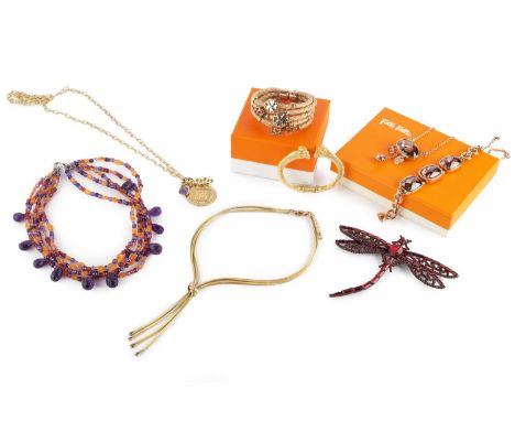 A collection of costume jewellery, to include a bead necklace and bracelet suite by Dior, cased, a dragonfly brooch by Butler