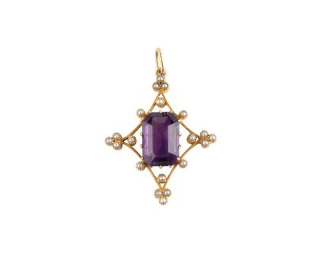 An amethyst and half pearl pendant, the openwork lozenge-shaped panel centred with an octagonal step-cut amethyst in claw set