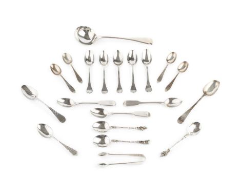 A collection of mixed silver flatware, to include a late Victorian old English pattern sauce ladle by Robert Stebbings, Londo