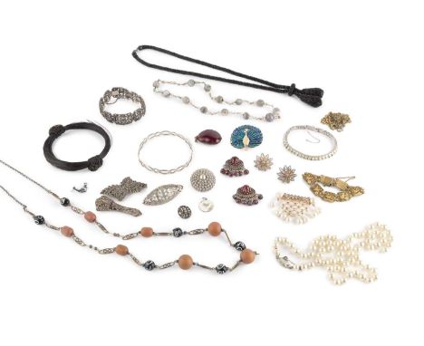 A collection of jewellery and costume items, to include a simulated pearl and white paste fringe brooch by Christian Dior, an