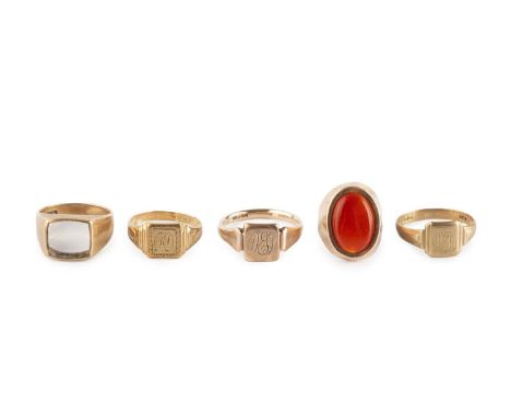 Three 9ct gold signet rings, each with a monogrammed rectangular panel, together with a carnelian single stone ring, yellow p