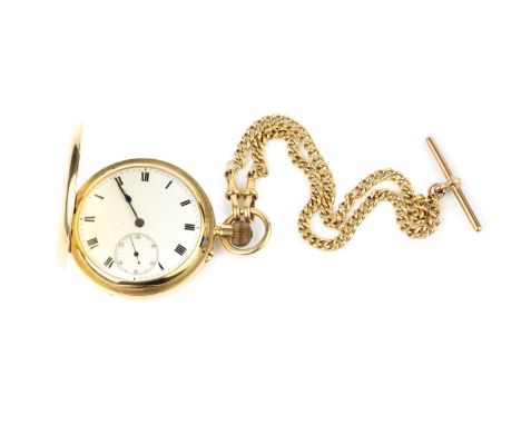 An 18ct gold hunter pocket watch, the white enamel dial with Roman numerals and subsidiary seconds dial, to a ¾ plate keyless