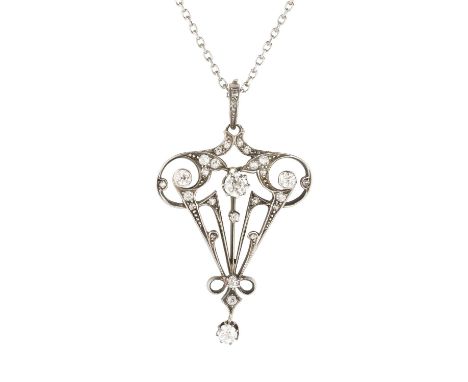 An Art Nouveau style diamond pendant, designed as a sinuous openwork cartouche of graduated old, single and lasque-cut diamon