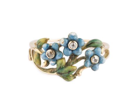 An enamel and diamond set floral dress ring, designed as a spray of blue enamel forget-me-not flowerheads, each centred with 
