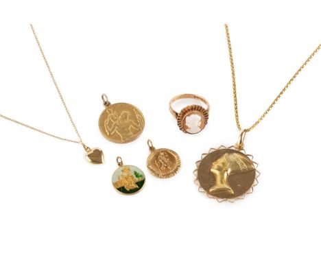 A collection of jewellery, comprising an Egyptian pendant on a fancy-link chain, stamped '750', a 9ct gold and enamel St. Chr