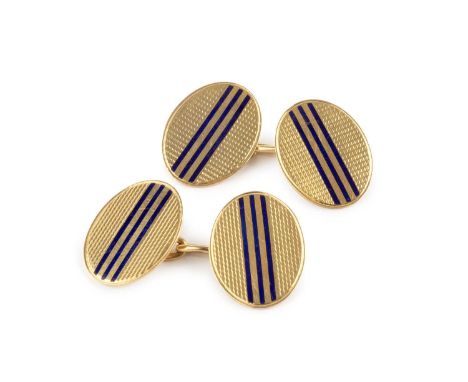 A pair of 18ct gold and enamel cufflinks, each oval engine-turned panel with linear blue enamel decoration, on chain-link fit