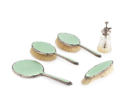 A silver and green enamel backed dressing table set, comprising hand mirror, two hair brushes and a clothes brush by Alexande