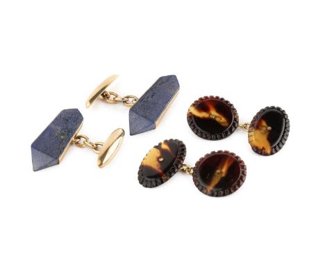 Two pairs of cufflinks, the first with blue hardstone panels of prismatic design, on torpedo and chain-link fittings, the sec