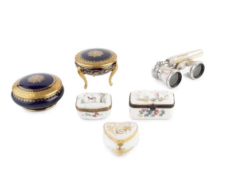 A pair of mother o'pearl veneered opera glasses, together with an enamel snuff box, painted with Chinoiserie figures and flow