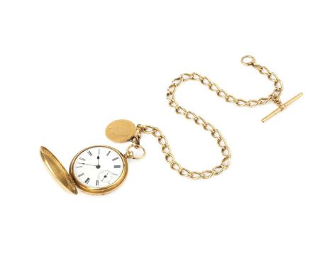 An early Victorian 18ct gold hunter fob watch, the white enamel dial with Roman numerals and subsidiary seconds dial, to a ke