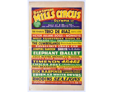 1940s Circus Poster - an original vintage c1940s (believed c1945/46) poster for Bertram Mills Circus at the Olympia Grand Hal