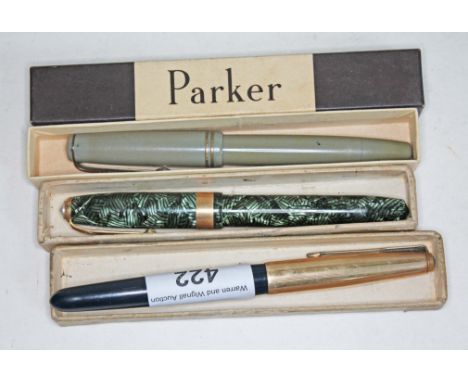A Conway Executive 60 fountain pen with 14k nib, a vintage Parker fountain pen with 14k nib and another Parker pen.  