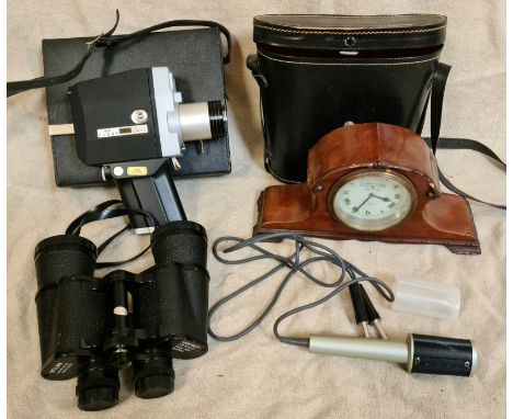 A Smith &amp; Son 8 days car clock converted to mantel clock, Welmy binoculars in case, a Prinz Sabre Super 8 cine camera in 