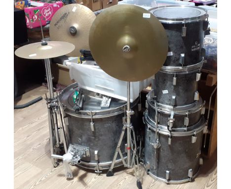 A 5 piece Yamaha drum kit plus 2 cymbals, a hi-hat and stool.