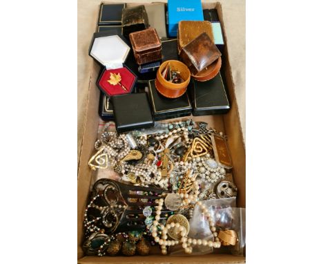 A box of costume jewellery to include brooches, earrings and a quantity of empty vintage and antique jewellery boxes.  