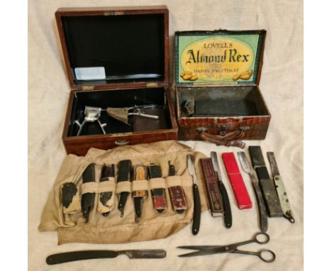 A wooden box and a vintage tin box with collection of cut-throat razors and related items.  
