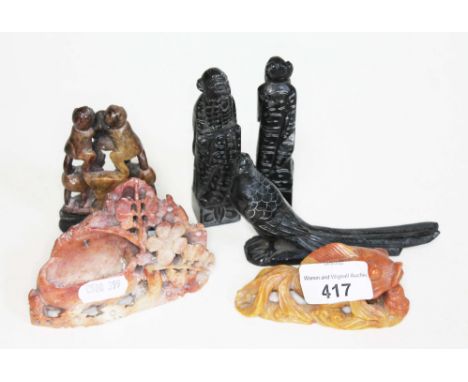 Six vintage oriental carved soapstone items including two chess pieces etc.  