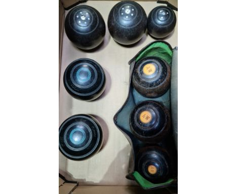 3 sets of vintage crown green bowls and 2 jacks.  