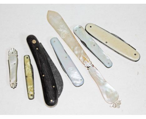 Six penknives to include four mother of pearl and an mother of pearl page turner.  