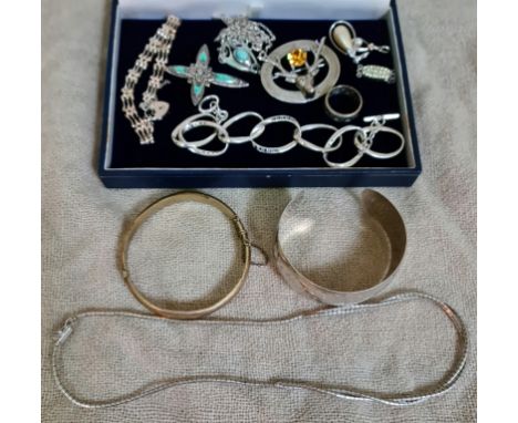 A collection of silver and other items to include hallmarked, 925 / Sterling / Silver, a necklace, a plated bangle, a silver 